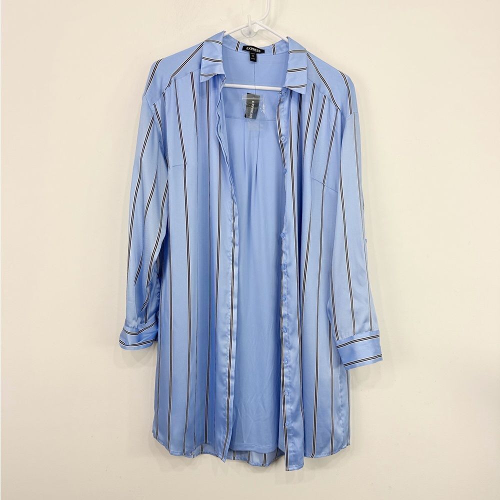 Express Light Blue Black Vertical Stripe Tab Sleeve Collared Shirt Dress NEW - Picture 8 of 15